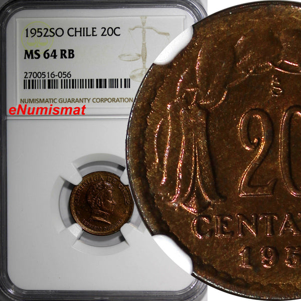 Chile Copper 1952-So 20 Centavos NGC MS64 RB TOP GRADED BY NGC KM# 177