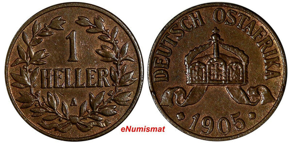 German East Africa Wilhelm II Bronze 1905 A 1 Heller RED UNC  KM# 7