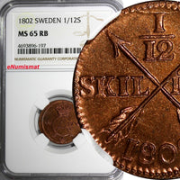 SWEDEN Gustaf IV Adolf 1802 1/12 Skilling NGC MS65 RB RED! TOP GRADED! KM# 563