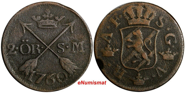 SWEDEN Adolf Frederick (1751-1771) 1760 S.M. 2 Ore Mintage-558,000 KM#461 15 065