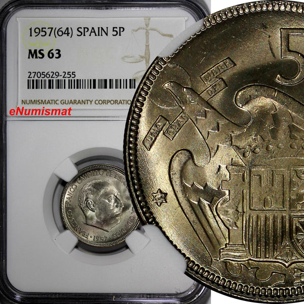 Spain Francisco Franco,Caudillo 1957(64) 5 Pesetas NGC MS63 TOP GRADED KM#786