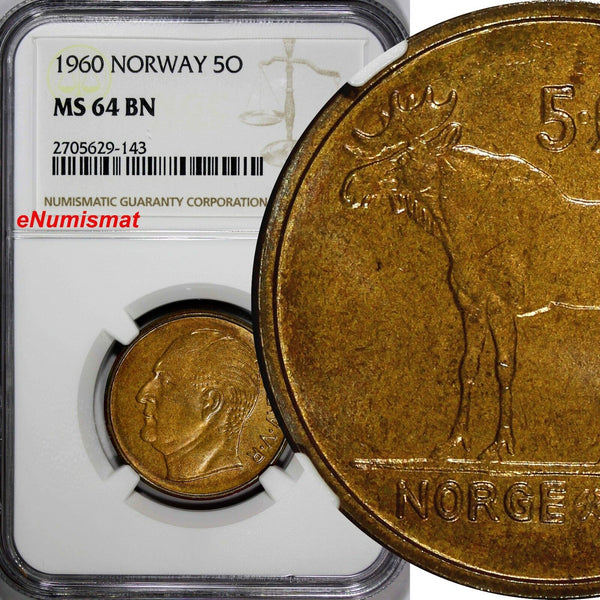 Norway Olav V Bronze 1960 5 Øre NGC MS64 BN TOP GRADED BY NGC KM# 405