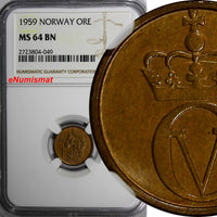 NORWAY Olav V 1959 1 ORE NGC MS64 BN  BETTER DATE TOP GRADED BY NGC KM# 403