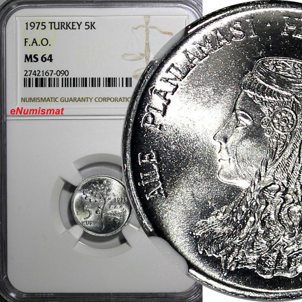 Turkey Aluminum 1975 5 Kurus FAO NGC MS64 TOP GRADED BY NGC KM# 906