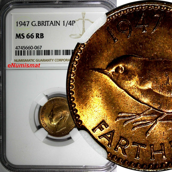 Great Britain George VI 1947 Farthing NGC MS66 RB TOP GRADED BY NGC KM# 843