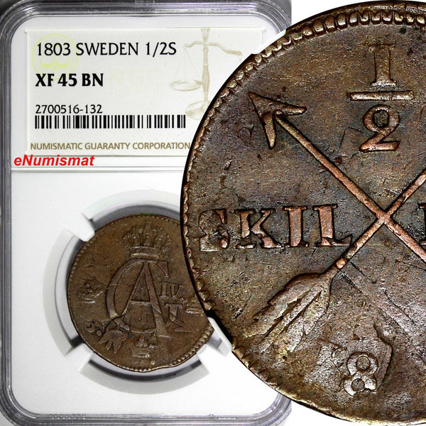 SWEDEN Copper 1803 1/2 Skilling OVERSTRUCK 1 ORE S.M. 1763 NGC XF45 BN KM565/132