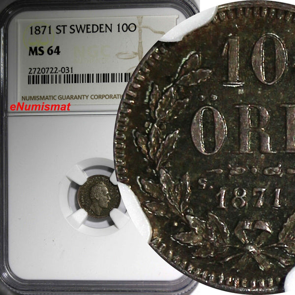 Sweden Carl XV Adolf Silver 1871 S.T. 10 Ore NGC MS64 Nice Toned KM# 710