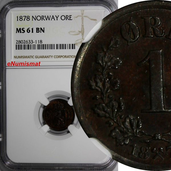 Norway Oscar II Bronze 1878 1 Ore NGC MS61 BN KEY RARE DATE KM# 352