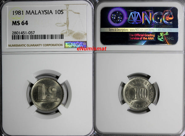 Malaysia Copper-Nickel 1981  10 Sen NGC MS64  KM# 3