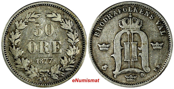 SWEDEN Oscar II Silver 1877 EB 50 Ore Mintage-149,000 RARE DATE KM# 740