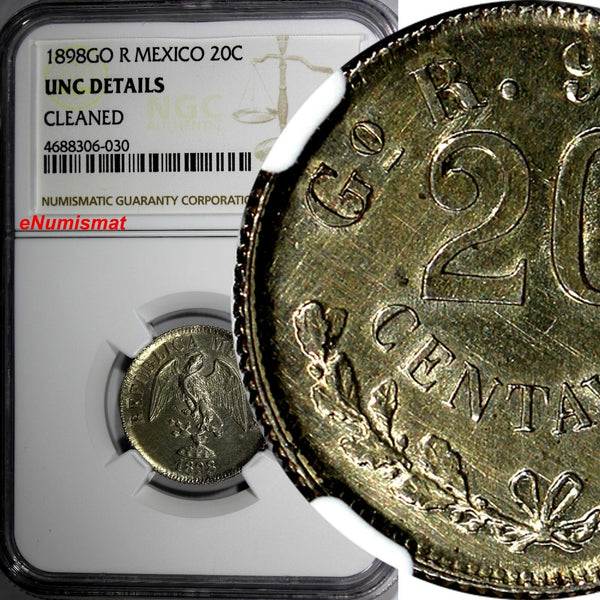 Mexico SECOND REPUBLIC Silver 1898 GO R 20 Centavos NGC UNC DETAILS KM# 405.1