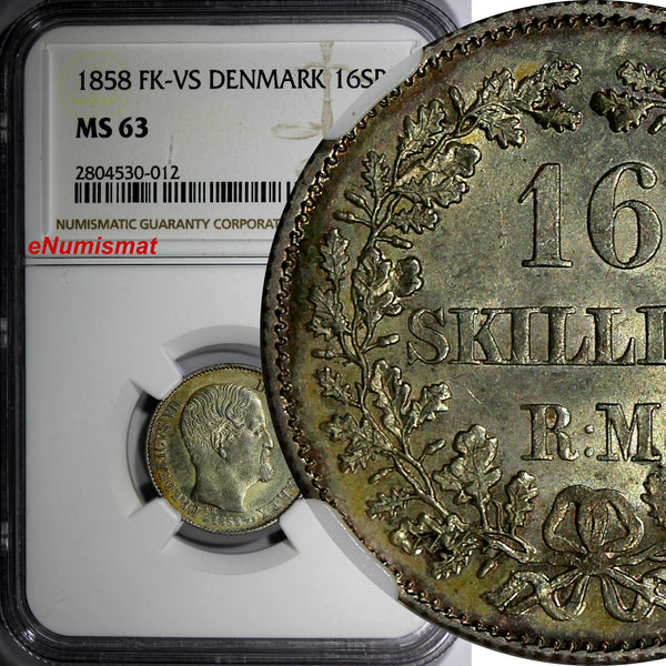Denmark Frederik VII Silver 1858 FK-VS 16 Skilling Rigsmont NGC MS63 KM# 765