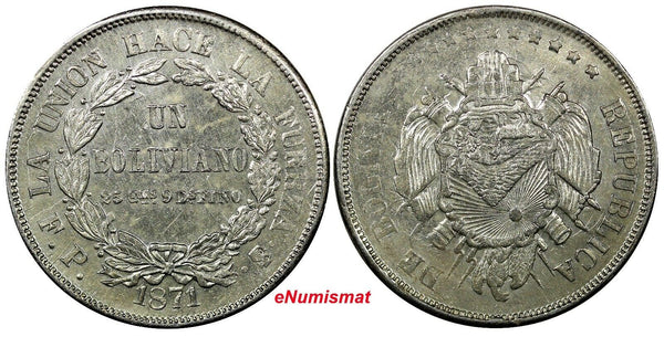 Bolivia Silver 1871 PTS FP 1 Boliviano XF Condition KM# 155.3