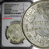 Bolivia Silver 1872 PTS-FE 1 Boliviano NGC AU DET. Error (L/E)in (LA) KM# 160.1