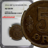 Denmark Christian X Bronze 1916 VBP GJ 5 Ore NGC AU58 BN BETTER DATE KM# 814.1