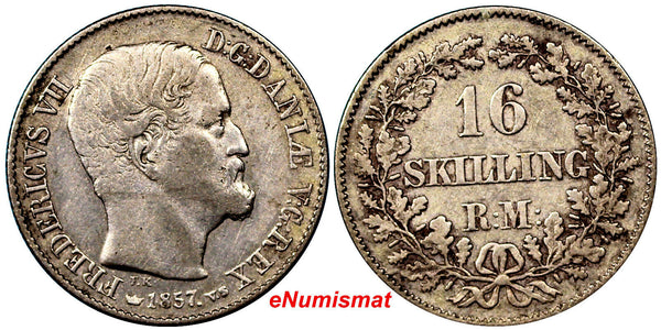 Denmark  Frederik VII Silver 1857(c) VS  16 Skilling Rigsmont KM# 765