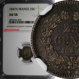 France Louis Philippe Silver 1847 A 25 Centimes NGC AU58 Nice Toned KM# 755.1