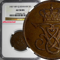 Denmark Frederik VIII Bronze 1907 VBP GJ 5 Ore NGC AU58 BN KM# 806
