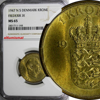Denmark Frederik IX Aluminum-Bronze 1947NS 1 Krone NGC MS65 BETTER DAT KM# 837.1