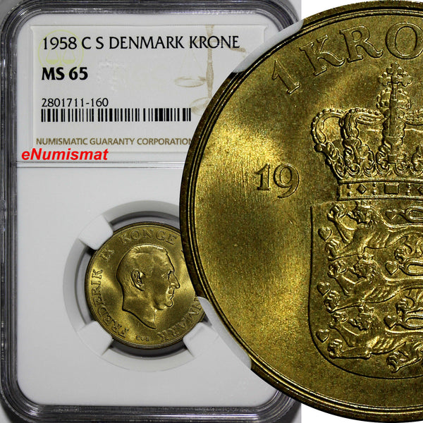 DENMARK Frederik IX Aluminum-Bronze 1958 C S 1 Krone NGC MS65 KM# 837.2 (160)