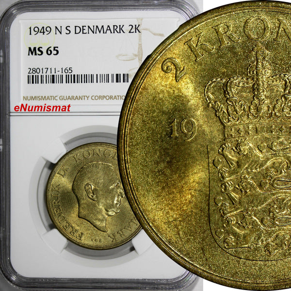 Denmark Frederik IX Aluminum-Bronze 1949 NS 2 Kroner NGC MS65 KEY DATE KM# 838.1