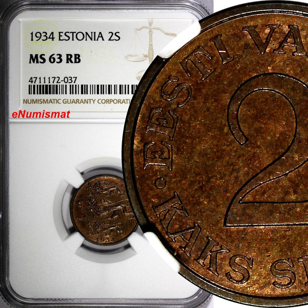 ESTONIA Bronze 1934 2 Senti NGC MS63 RB 1 YEAR TYPE NICE TONED KM# 15