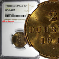 GUERNSEY Bronze 1911 H 2 Doubles NGC MS64 RB Nice RED Toning Mint-29,000 KM# 9