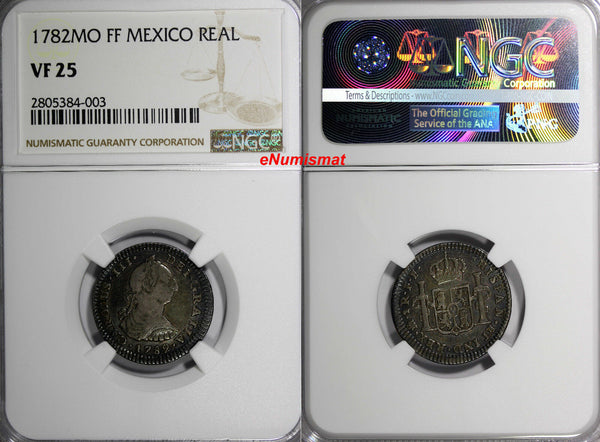 Mexico Charles III Silver 1782 MO FF 1 Real NGC VF25 Cabinet Toning KM# 78.2