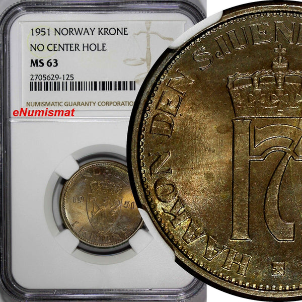 Norway Haakon VII Copper-Nickel 1951 1 Krone NGC MS63 No Center Hole KM# 397.1