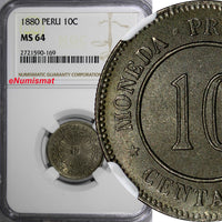 PERU PROVISIONAL Copper-Nickel 1880 10 Centavos NGC MS64 KM# 198