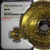Lebanon Aluminium-Bronze 1955 2 1/2 Piastres NGC MS65 Monnaie de Paris  KM# 20