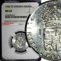 SWEDEN Gustaf VI Silver 1956 TS 1 Krona NGC MS65 KM# 826