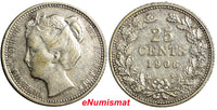 Netherlands Wilhelmina I Silver 1906 25 Cents Last Date Type 19mm KM# 120.2