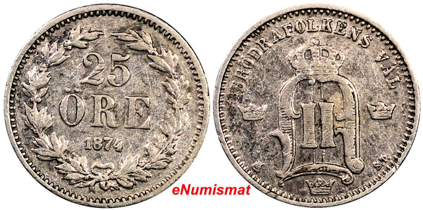 Sweden Oscar II Silver 1874 ST  25 Ore VF Condition KM# 738 ( 9118 )