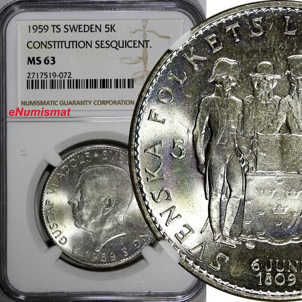 SWEDEN Silver 1959 TS 5 Kronor NGC MS63 Constitution Sesquicentennial KM# 830