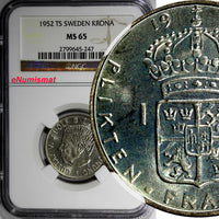 Sweden Gustaf VI Silver 1952 TS Krona NGC MS65 BETTER DATE KM# 826