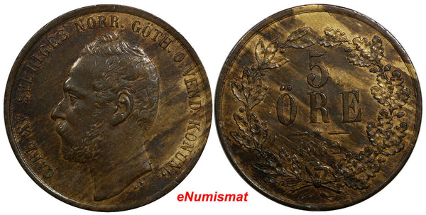 Sweden Carl XV Adolf Bronze 1862 Star 5 Ore XF Condition Mintage-136,000 KM# 707