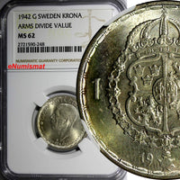 SWEDEN Gustaf V Silver 1942 G 1 Krona NGC MS62 ARMS DIVIDE VALUE WWII  KM# 814