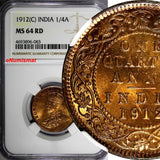 India-British George V Bronze 1912 (C) 1/4 Anna NGC MS64 RD FULL RED KM# 512/083