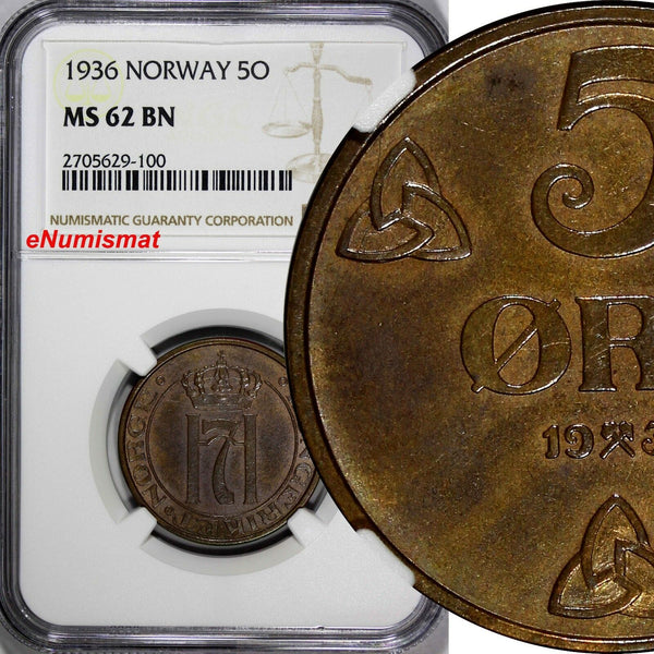 Norway Haakon VII Bronze 1936 5 Ore NGC MS62 BN Mintage- 760,000 KM# 368