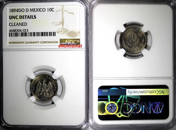 Mexico SECOND REPUBLIC 1894 DO D 10 Centavos NGC UNC DETAILS Durango KM# 403.3