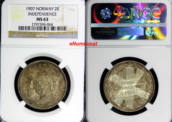 Norway Haakon VII Silver 1907 2 Kroner NGC MS63 Independence Nice Toning KM# 365