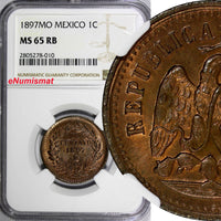 MEXICO SECOND REPUBLIC Copper 1897 Mo 1 Centavo NGC MS65 RB Last Date KM# 391.6