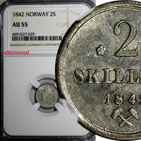 Norway Carl XIV Silver 1842 2 Skilling NGC AU55 2 YEARS TYPE SCARCE KM# 310