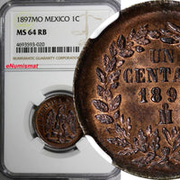 MEXICO SECOND REPUBLIC Copper 1897 Mo 1 Centavo NGC MS64 RB Last Date KM# 391.6