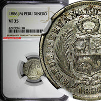 PERU Silver 1886 JM Dinero NGC VF35 "FB" left of shield Reverse RARE KM#190(128)