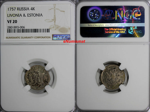 Russia Livonia & Estonia Elizabeth I Silver 1757 4 Kopecks NGC VF20 SCARCE KM#2
