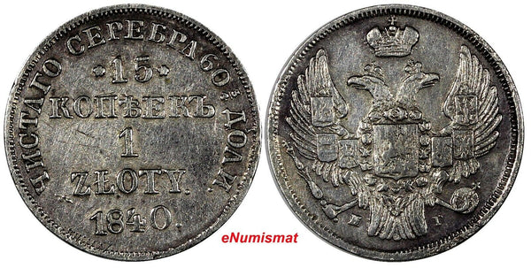POLAND RUSSIA Nicholas I Silver 1840 HG 1 Zloty 15 Kopecks  C# 129