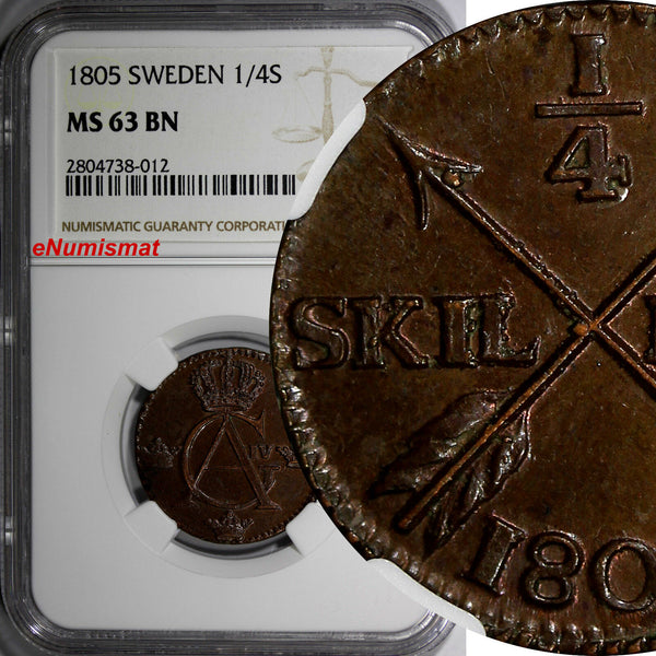 Sweden Gustaf IV Adolf Copper 1805 1/4 Skilling NGC MS63 BN Nice Coin KM# 564