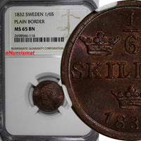 SWEDEN Carl XIV Johan Copper 1832 1/6 Skilling NGC MS65 BN Cherry Toning KM# 634